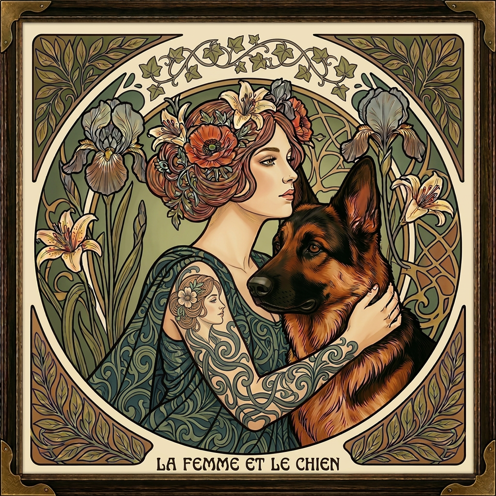 Tattooed woman and german shepherd